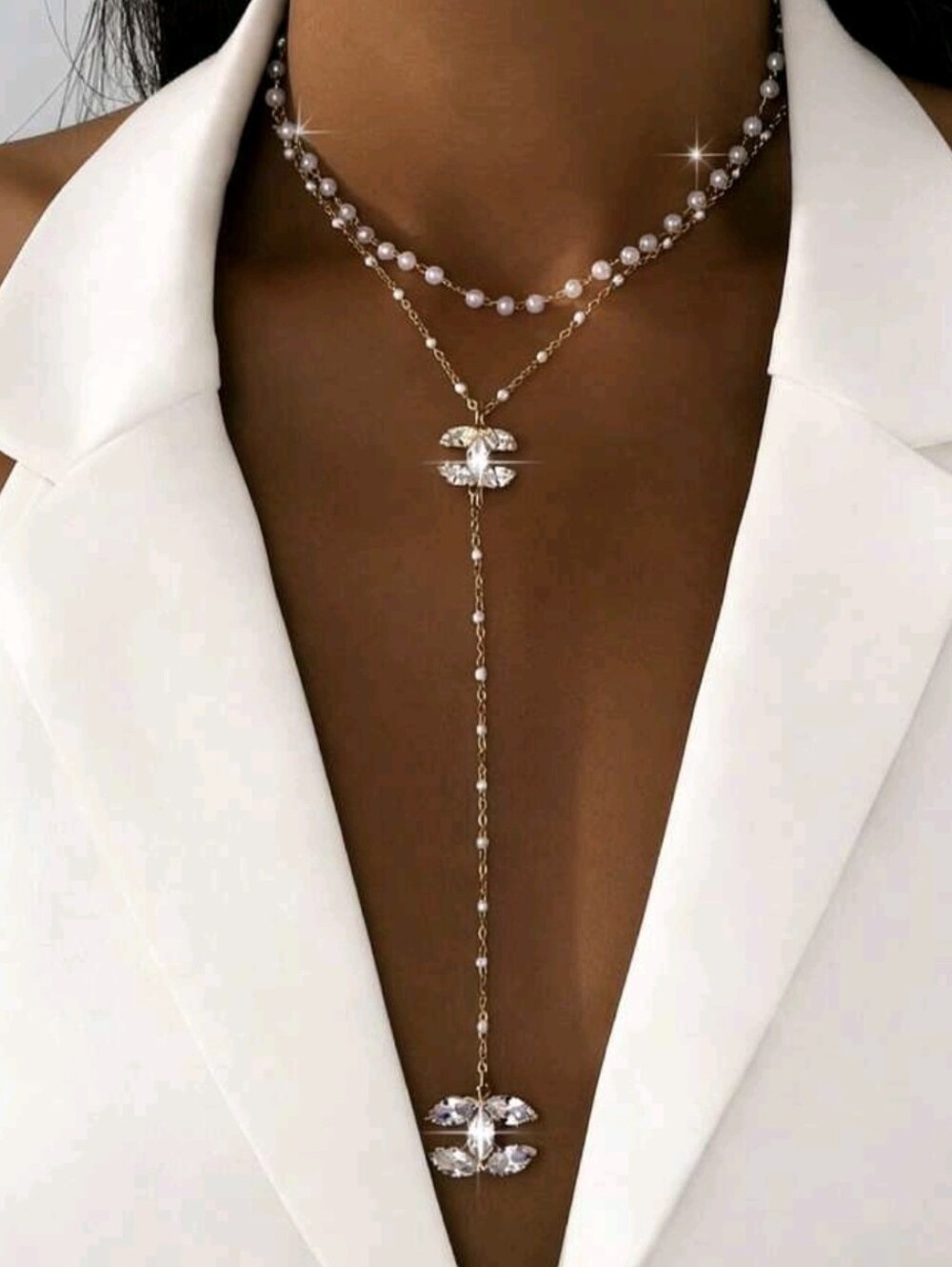 Designer Inspired Gold and Pearl Lariat Necklace